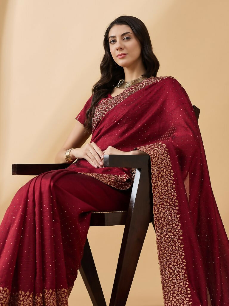 Maroon Silk Blend Embroidered Saree with Unstitched Blouse - Vairagi
