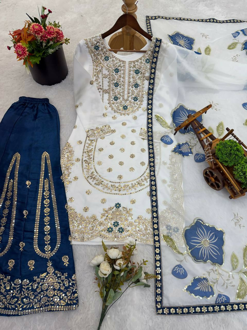Teeya Creation Blue Gimmy Silk Designer Embroidery Work Wedding Wear Palazzo Pair - Distacart