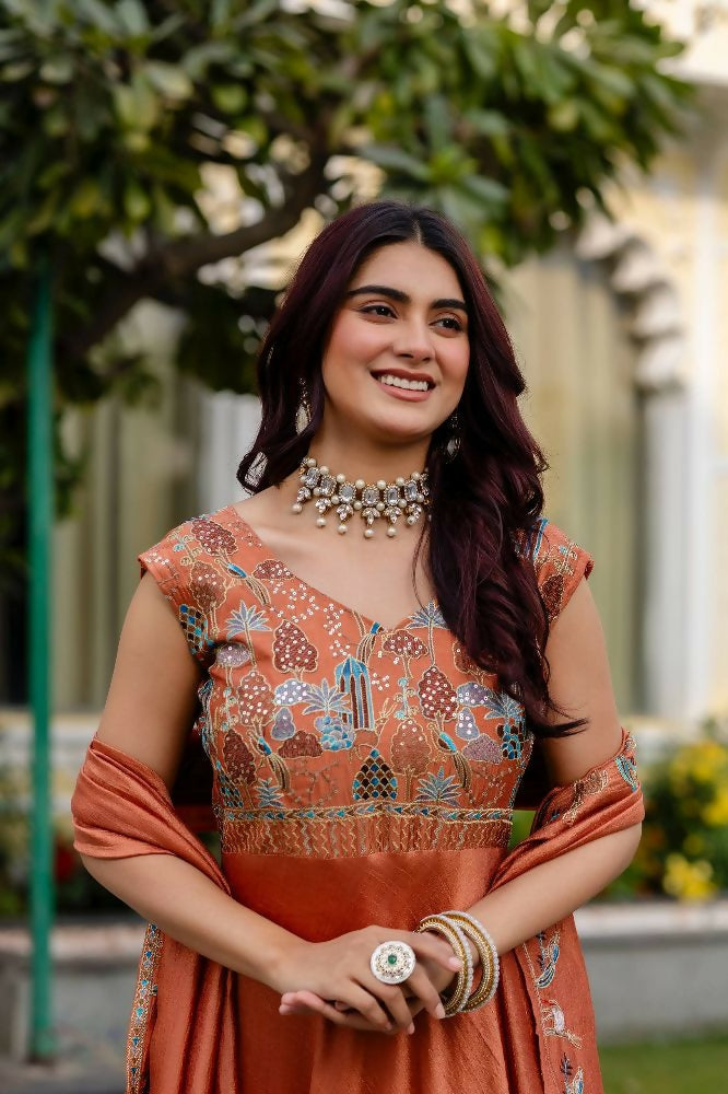 Teeya Creation Orange Color Vichitra Silk Designer Party Wear long Gown - Distacart