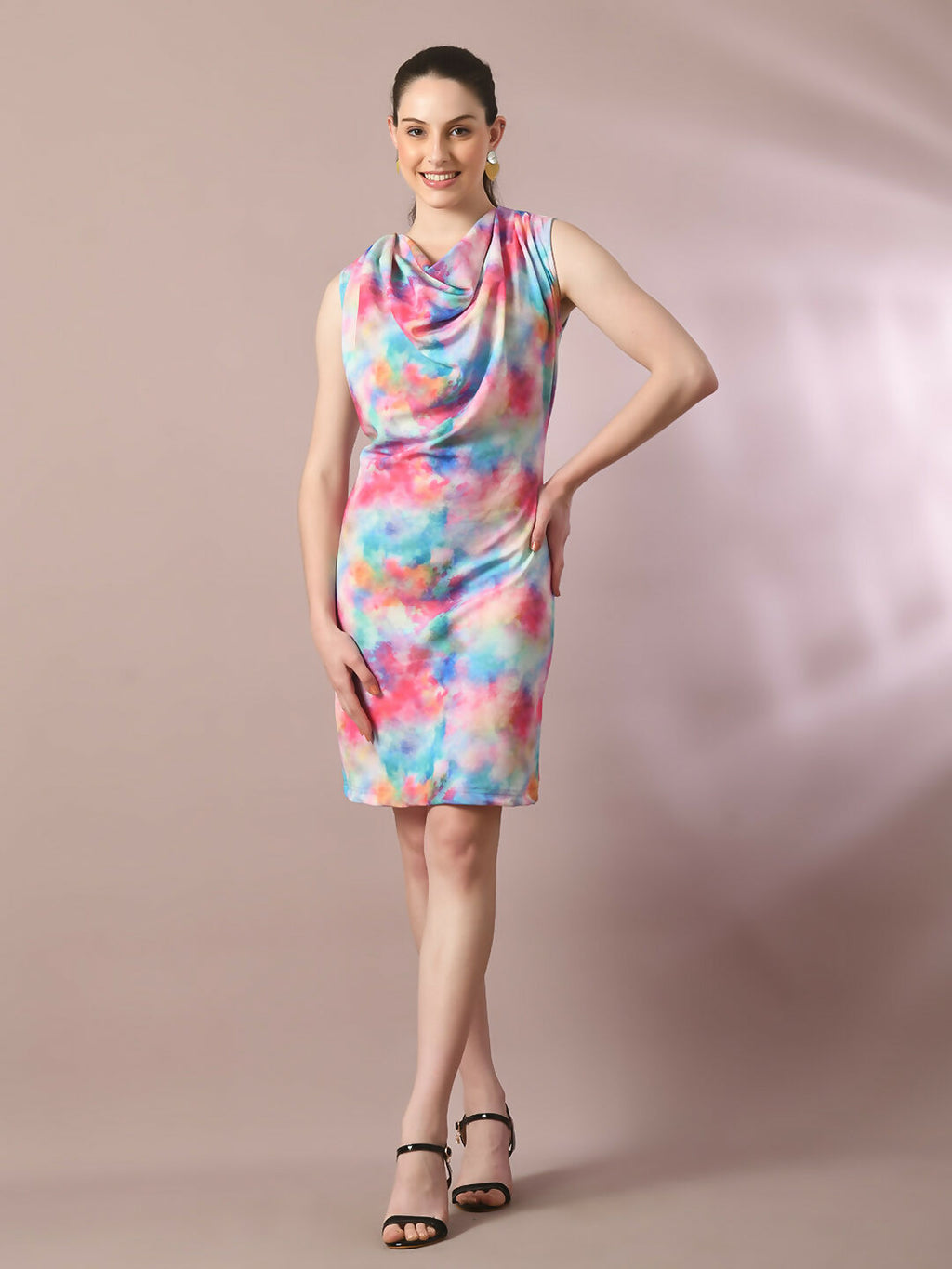 Myshka Women's Multi Printed Cowl Neck Bodycon Party Dress - Distacart