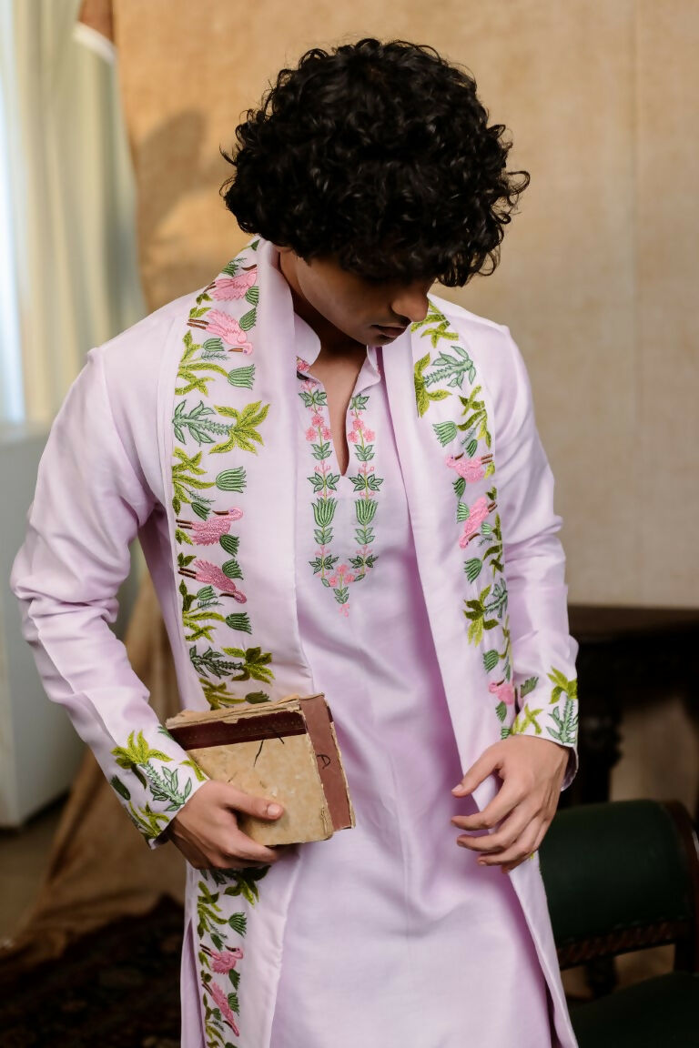 Falling Raw Silk Lavinder Taruni Hamsa Kurta Set By Hilo Design