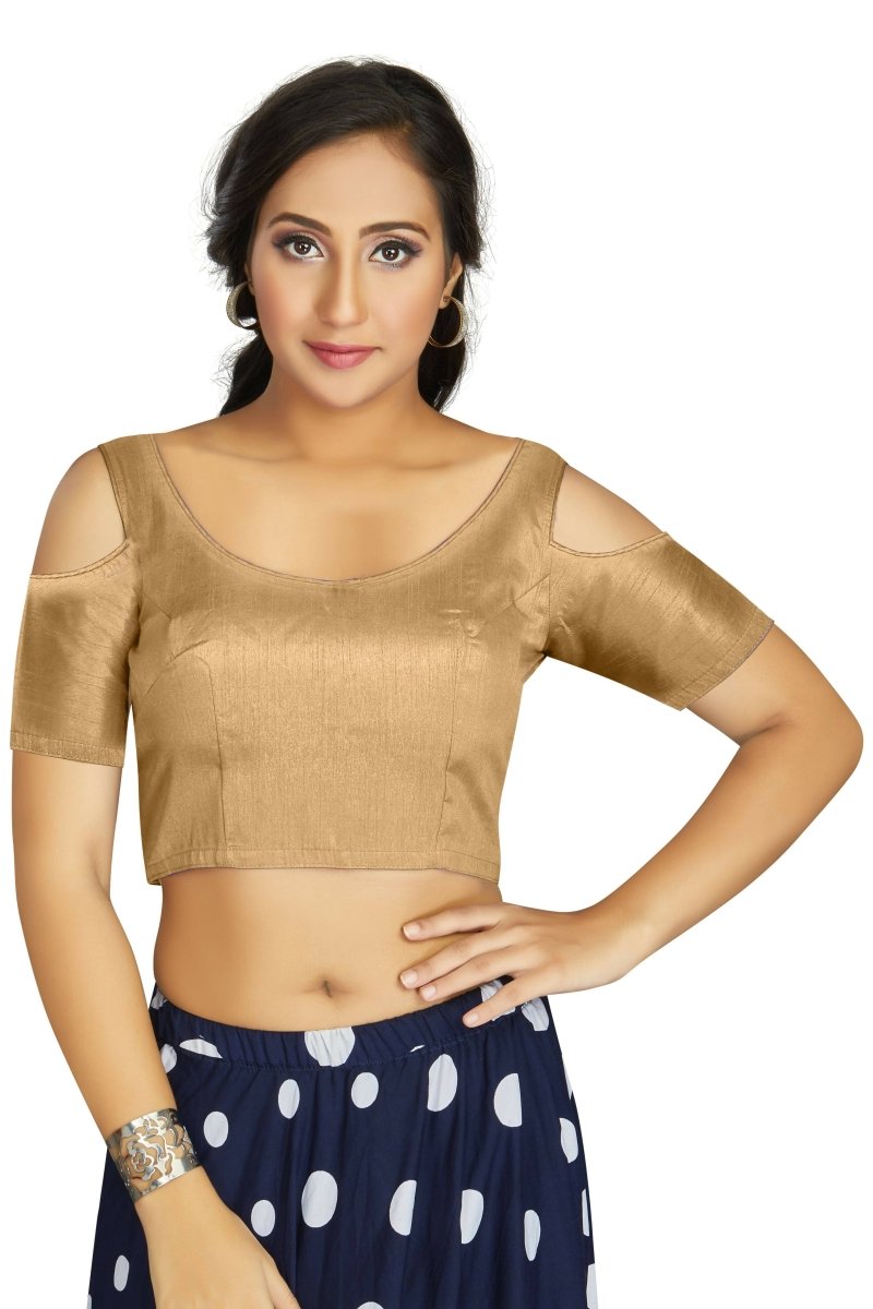Aastha Fashion Women's Beige Art Silk Cold Shoulder Sleeve Readymade Blouse