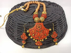 Terracotta Modern Long Necklace Set With Hangings-Indian Red And Gold