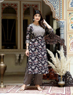 Miravan Women's Multi Colour Floral Printed Embroidery Yoke Design Kurta With Palazzo