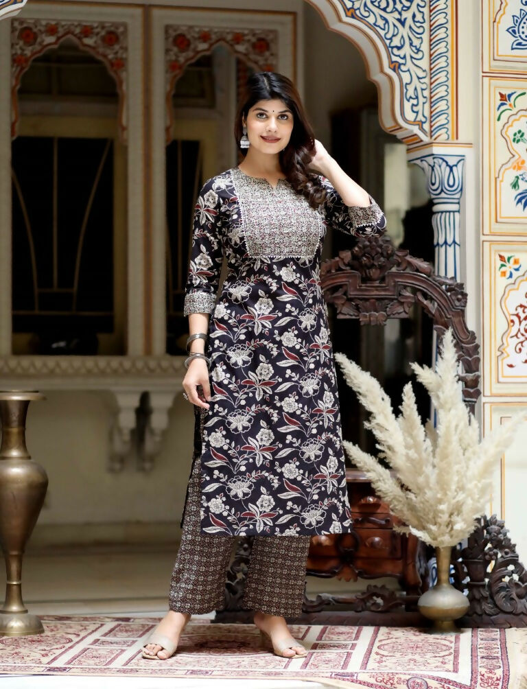 Miravan Women's Multi Colour Floral Printed Embroidery Yoke Design Kurta With Palazzo