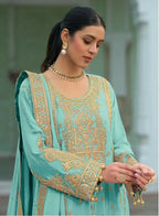 Anaita Sky-Blue Heavy Chinon Readymade Palazzo Suit with Heavy Embroidery Work - Distacart