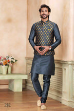 Raivat Ethnic Jacquard Banarasi Silk Woven Work 3 Pics Jacket Set In Dark Grey Colour - Distacart