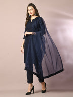 Myshka Women's Navy Blue Embroidered Cotton Straight Party Kurta Set With Dupatta