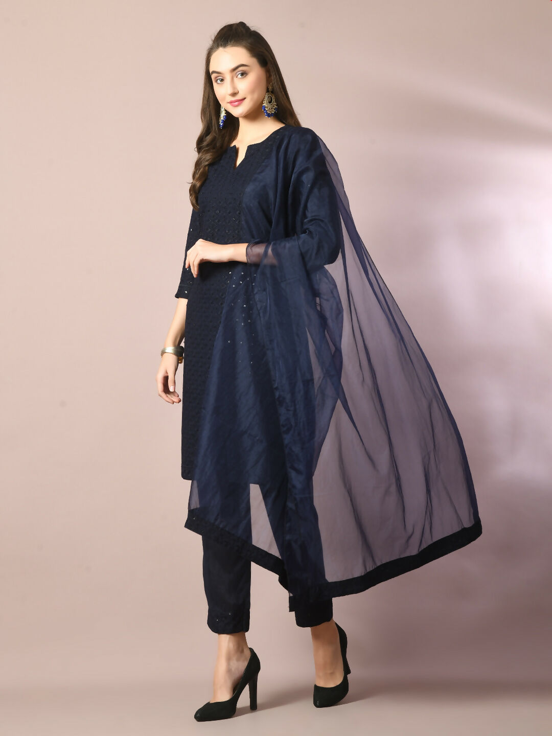 Myshka Women's Navy Blue Embroidered Cotton Straight Party Kurta Set With Dupatta