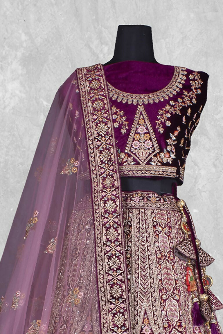 Purple Velvet Thread with Hand Work Semi Stitched Lehenga Choli with Dupatta - Nimaya Lagnotsav