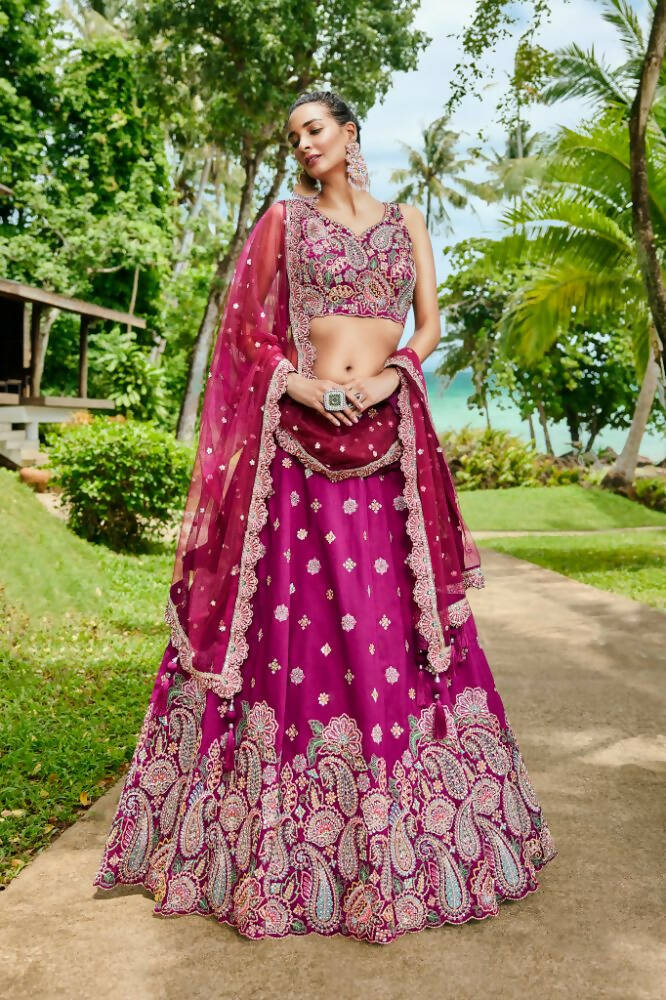 House of Panchhi Burgundy Satin Silk Sequins And Zarkan Embroidery Lehenga Choli & Dupatta