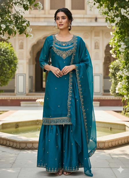 Teeya Creation Teal Color Fendy Satin Silk Heavy Embroidery Work Sharara Suit