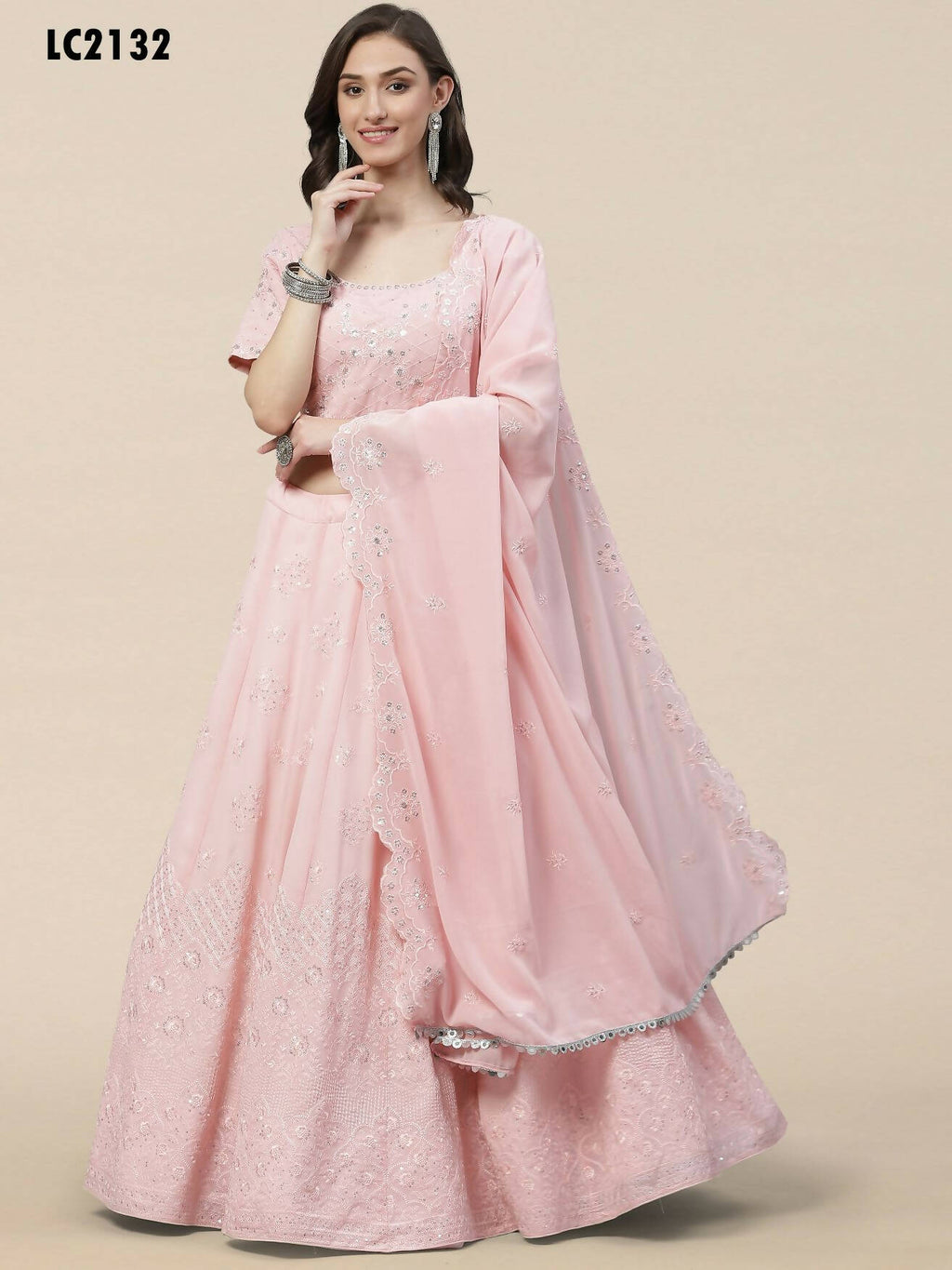 Pink Georgette Thread with Sequins Embroidered work Lehenga Choli with Dupatta - Jivika