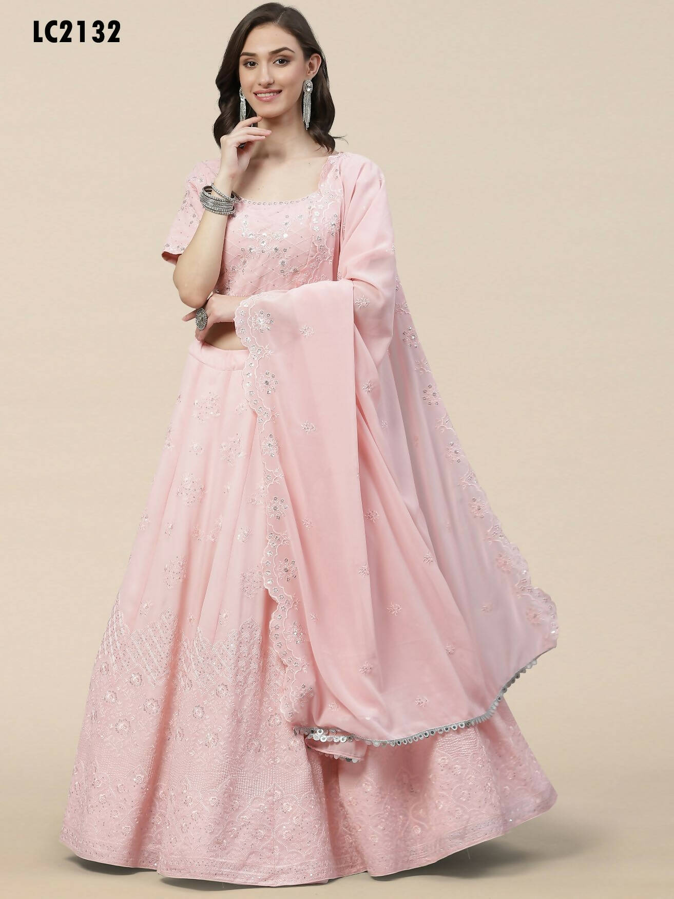 Pink Georgette Thread with Sequins Embroidered work Lehenga Choli with Dupatta - Jivika