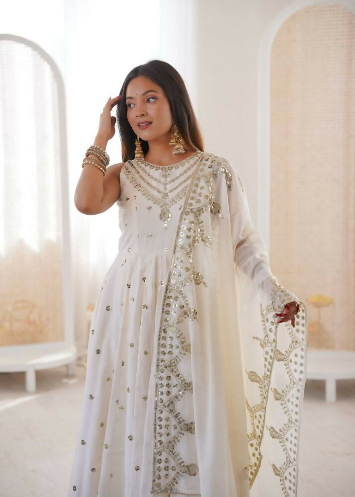 Teeya Creation White Color Roman Silk Embroidery Work Party Wear Gown - Distacart