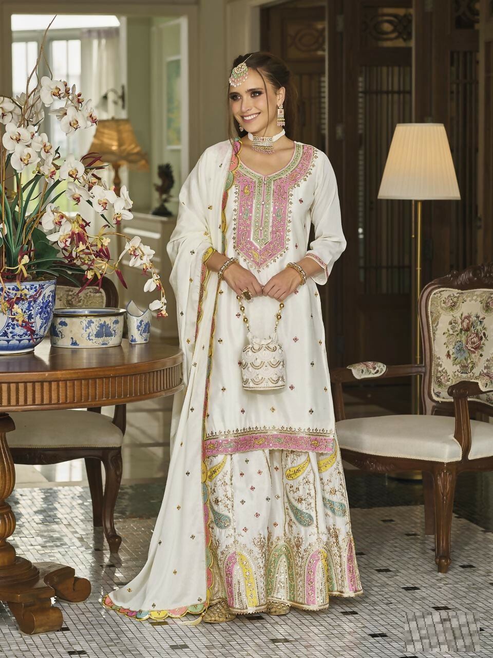 Anaita White Embroidered Silk Stitched Plazo Suit - Distacart