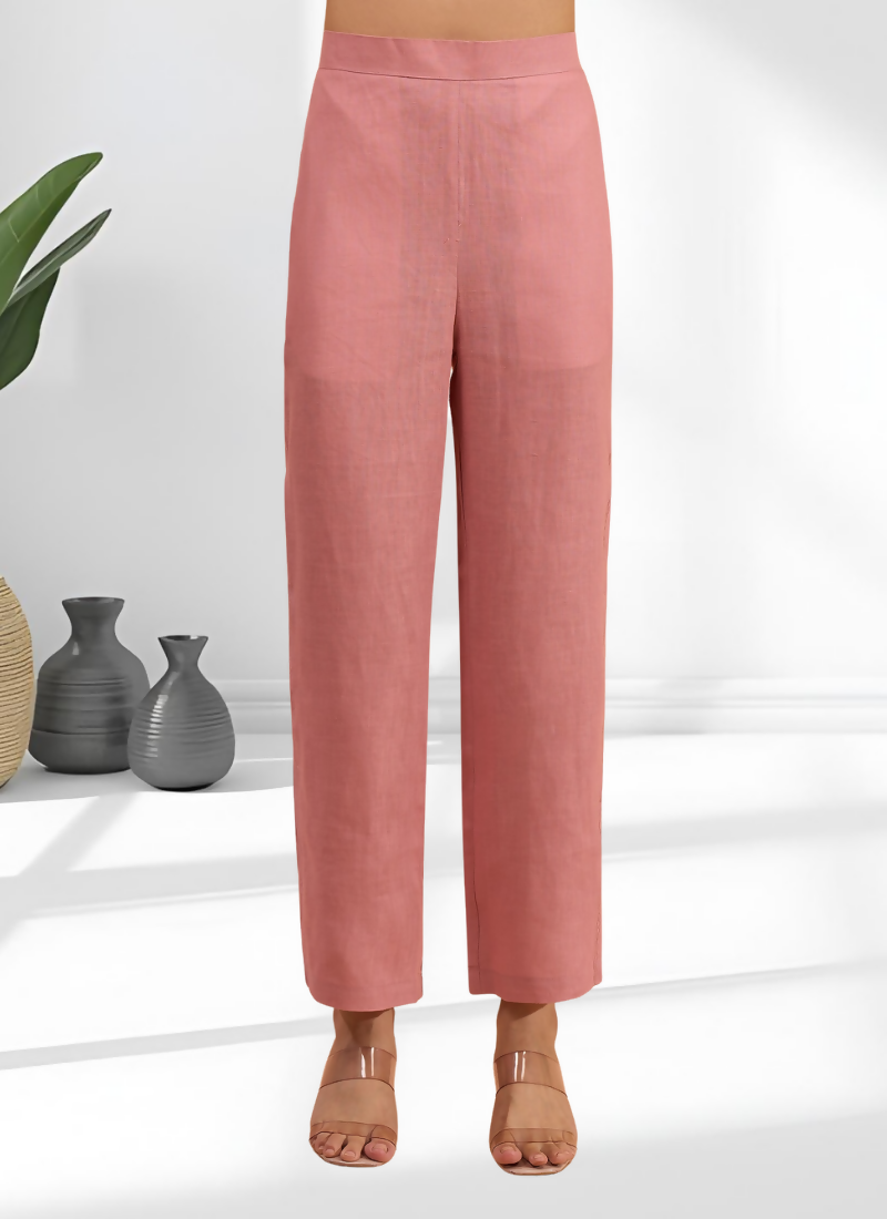 Joban Fashion Pink Linen Embroidered Readymade Long Kurta With Pant - Distacart
