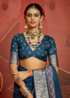 Joban Fashion Teal Blue Art Silk With Fine Viscose Border Ajrak Full Body Print With Soft Finish Saree - Distacart