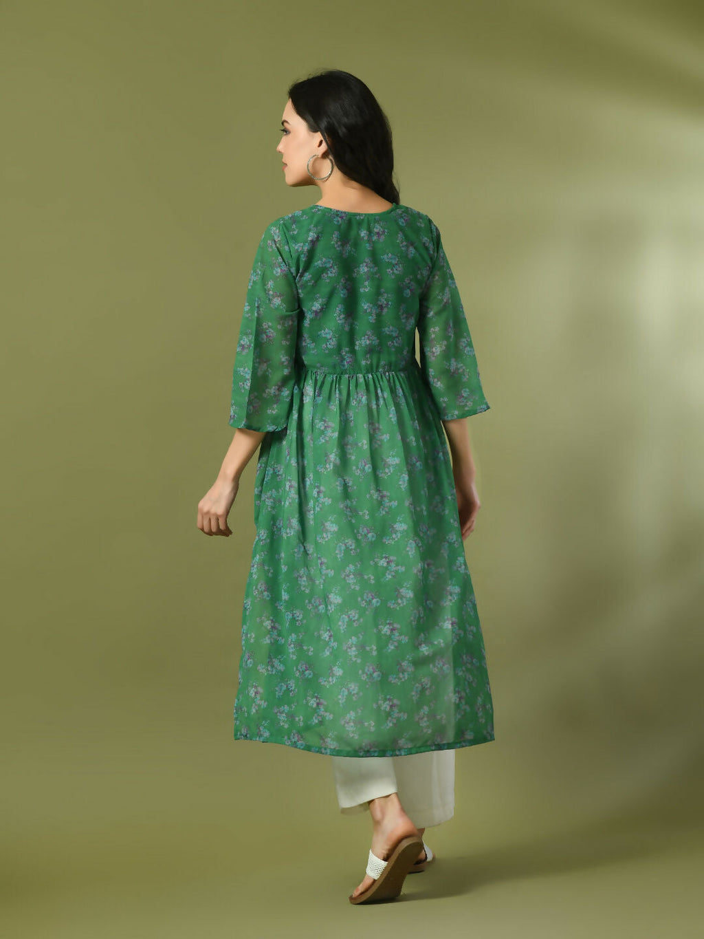 Myshka Women's Green Printed Georgette A-Line Nyra-cut Kurta