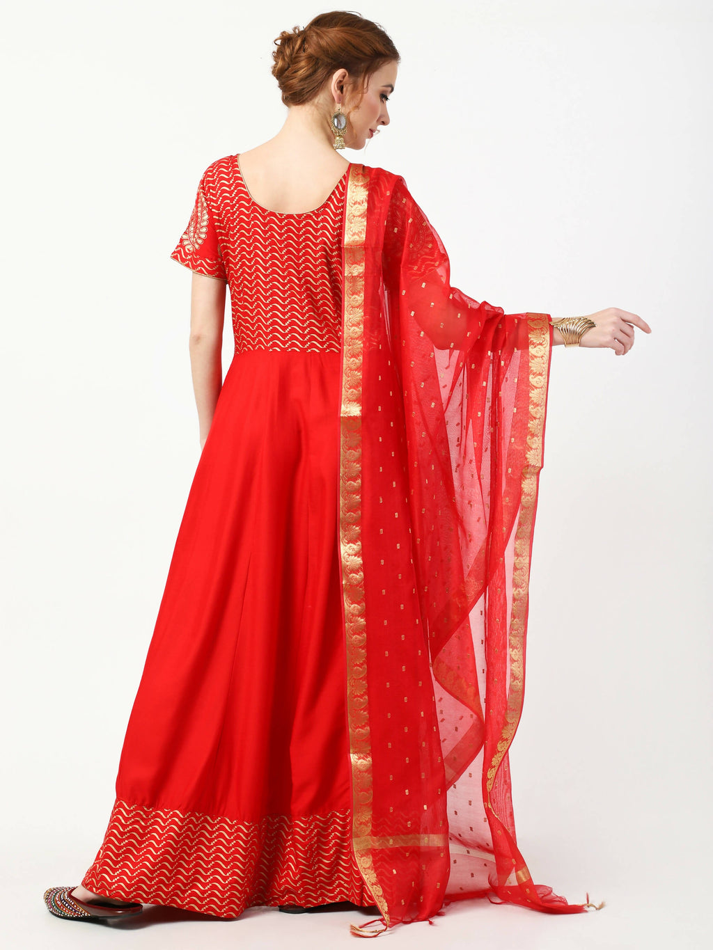 Cheera Women's Red Cotton Hand Block Print Long Dress With Silk Dupatta Set