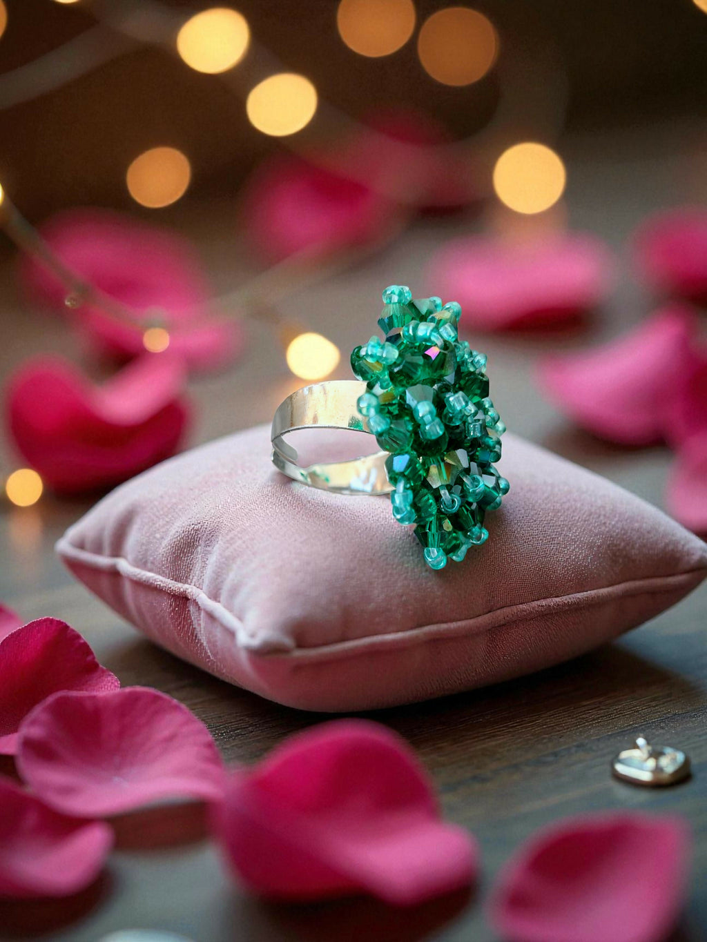 Inhanns Rang-E-Roshan Adjustable Ring – Handmade Crystal Statement Ring - Sea Green