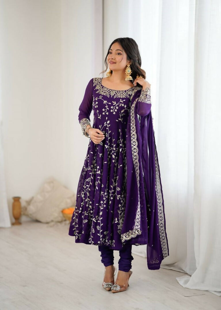 Teeya Creation Purple Color Heavy Faux Georgette Embroidery Work Gown - Distacart