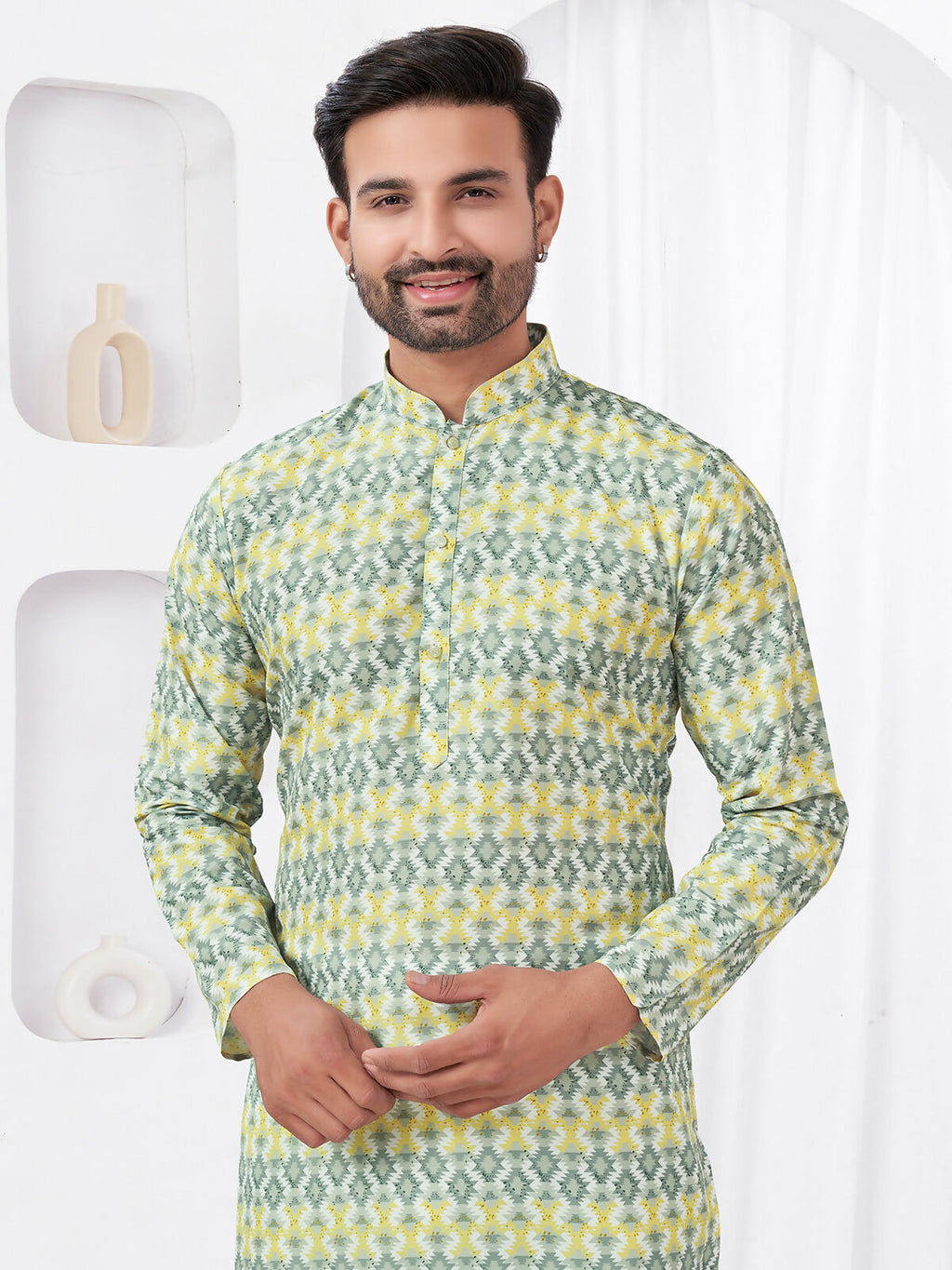 Joban Fashion Men's Rayon Cotton YELLOW Printed Kurta Pyjama set