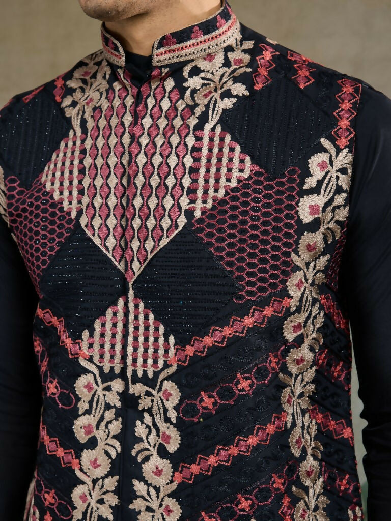 Vastranavya Black Exclusive Festival Viscose Silk Thread & Swarovski Embroidered Work Mens Wear Kurta & Koti