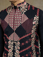 Vastranavya Black Exclusive Festival Viscose Silk Thread & Swarovski Embroidered Work Mens Wear Kurta & Koti
