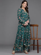 Ahalyaa Women Floral Printed Angrakha Kurta with Palazzos - Green Color
