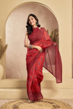 Vastranavya Rust Digital Printed Linen Ready To Wear Designer Saree with Unstitched Blouse - Distacart