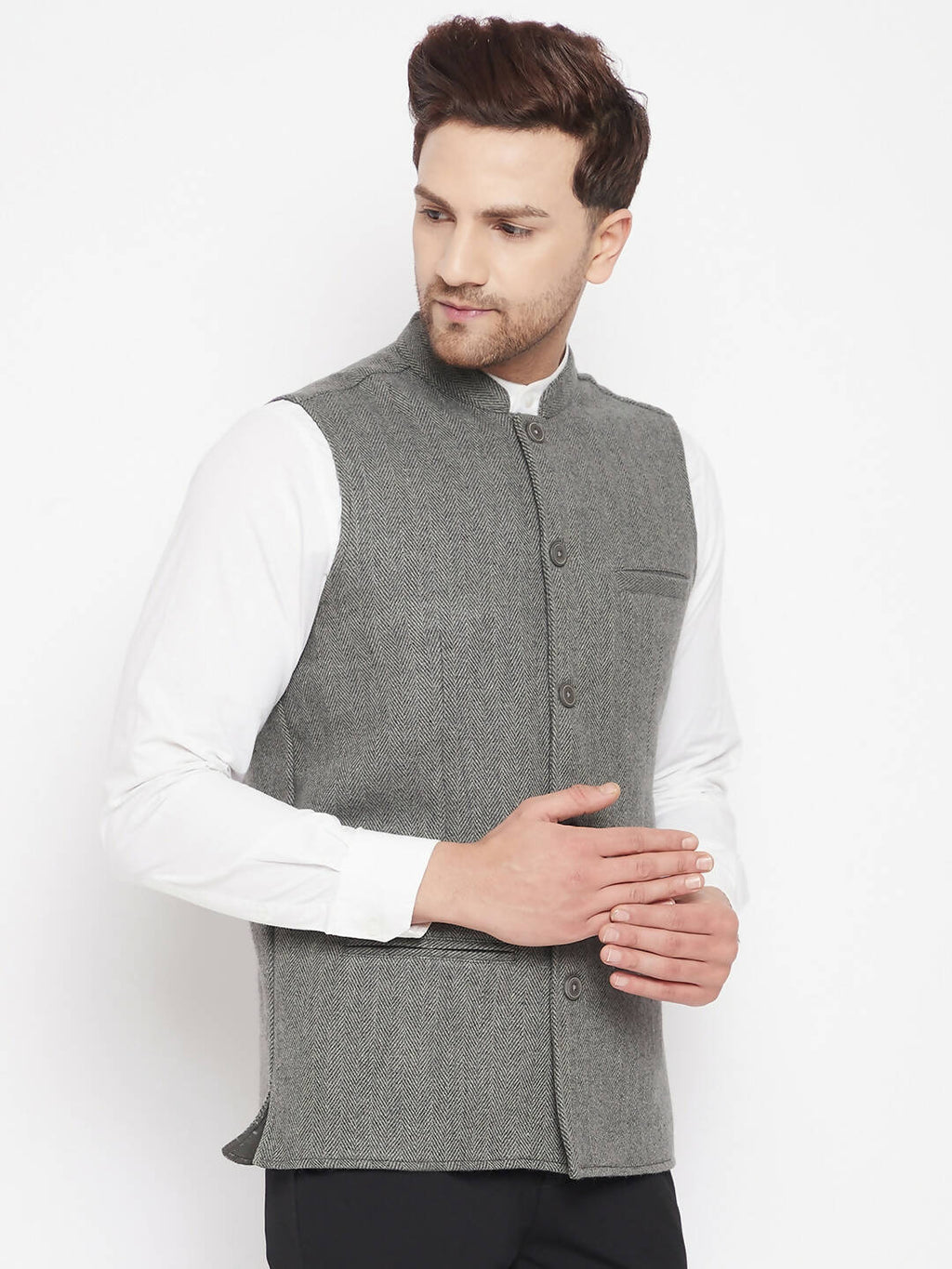 Even Apparels Grey Wool Men Woven Nehru Jacket - Distacart