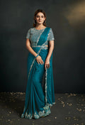 Blue Satin Silk Crepe Cord Sequence & Thread Embroidered & Stone Work Saree - Moh-Manthan Royal Enigma