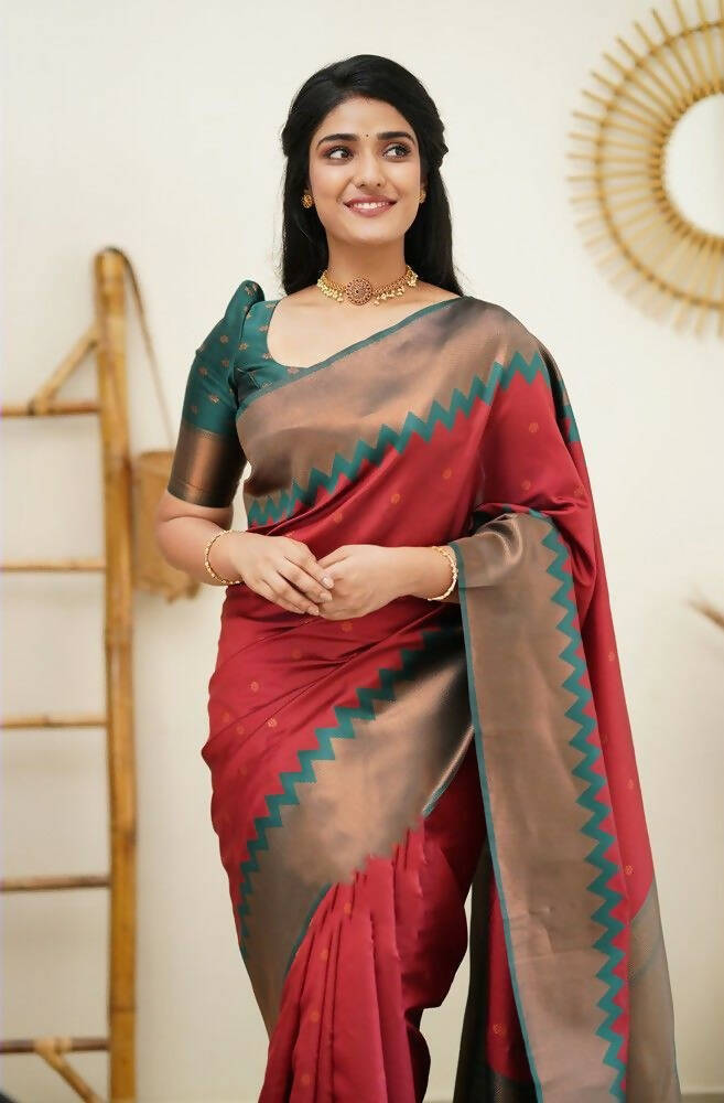 DEIANA'S Beautiful Designer Golden zari Soft Lichi Silk Saree - Maroon