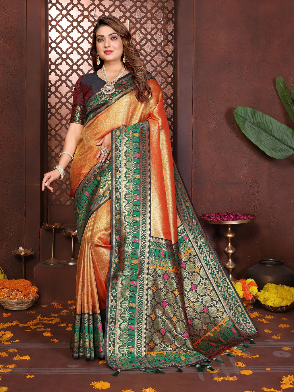 Aastha Fashion Orange Tissue Silk Weaving Saree - Distacart