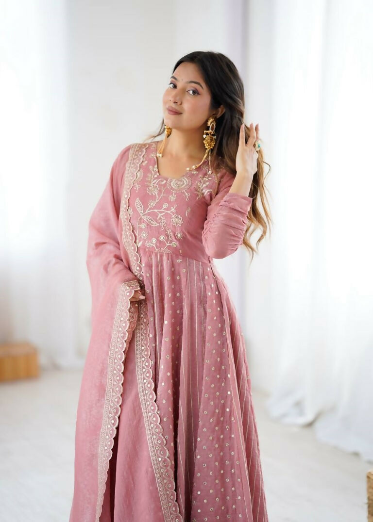 Teeya Creation Baby Pink Color Heavy Crunchy Silk Embroidery Work Gown - Distacart
