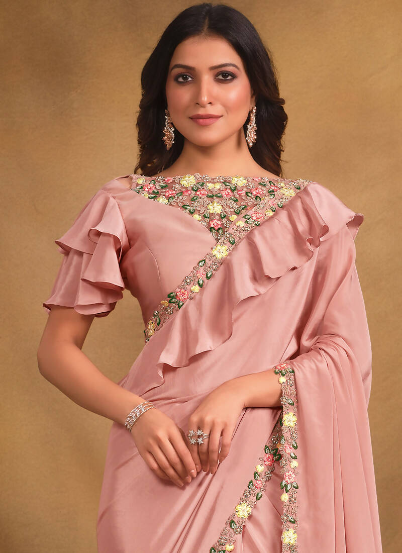 Pink Crepe Georgette Silk Designer Saree with Unstitched Blouse - Norita Mahitha