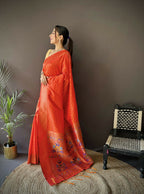 Joban Fashion Orange Jacquard Butti Soft Lichi Silk Paithani Saree - Distacart