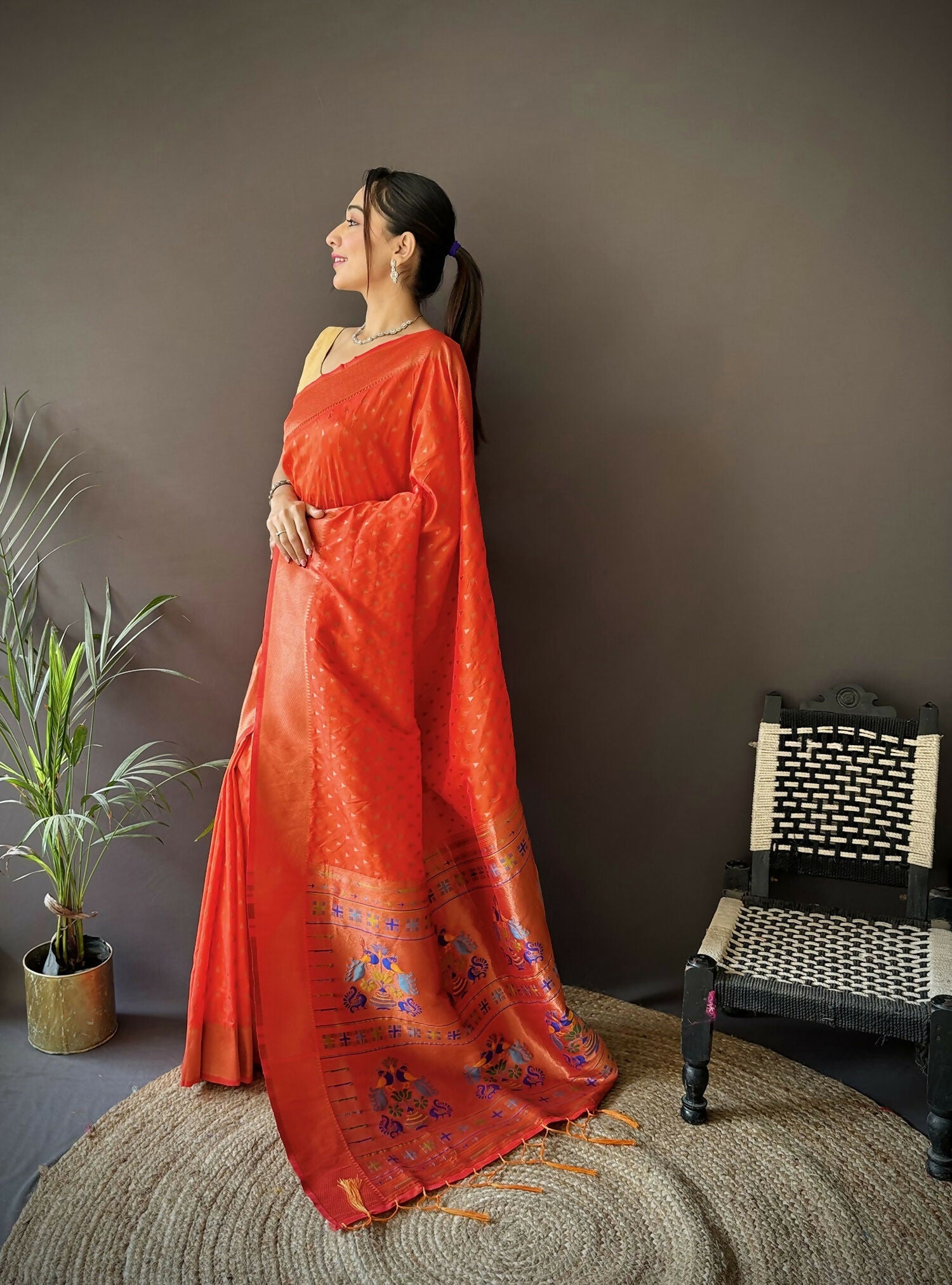 Joban Fashion Orange Jacquard Butti Soft Lichi Silk Paithani Saree - Distacart