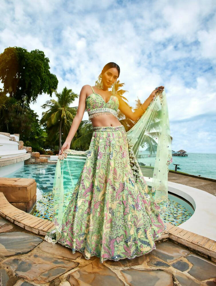 House of Panchhi Lime Green Organza Sequins And Mirror Embroidery Lehenga Choli & Dupatta