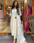 The52 White Beautiful Embroidered Viscose Chanderi Fabric Straight Kurta Pant with Dupatta Set - Distacart