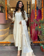 The52 White Beautiful Embroidered Viscose Chanderi Fabric Straight Kurta Pant with Dupatta Set - Distacart