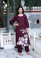 Miravan Women's Wine pure cotton floral printed Kurta and palazzo set