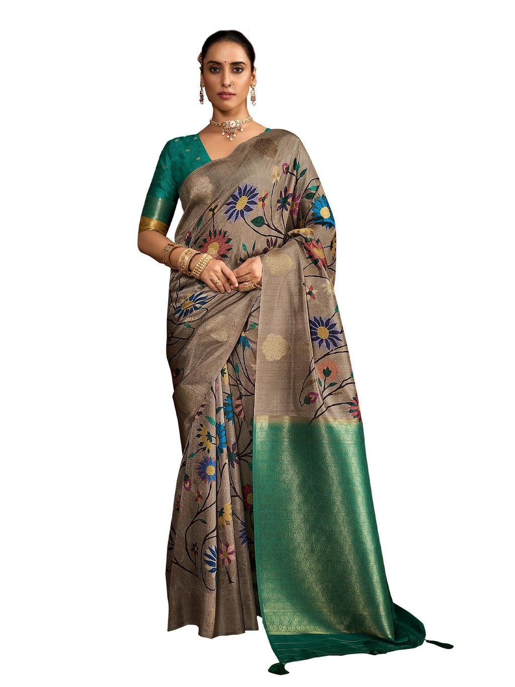Joban Fashion Greensoft Silk Weaving Fabric With Digital Jamdani Print With Jacquard Rich Pallu & Blouse With Spring Tassels - Distacart