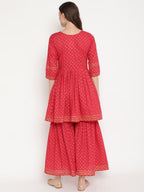 Ahalyaa Women's Red Cotton Gold Print Kurta Sharara Set