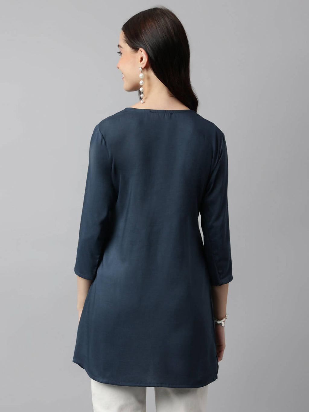 Teal Poly Cotton Yoke Sequence Embroidered A-line Top - Bosky