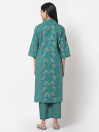 Myshka Women's Green Cotton Printed Half Sleeve Casual Kurta & Pant Set