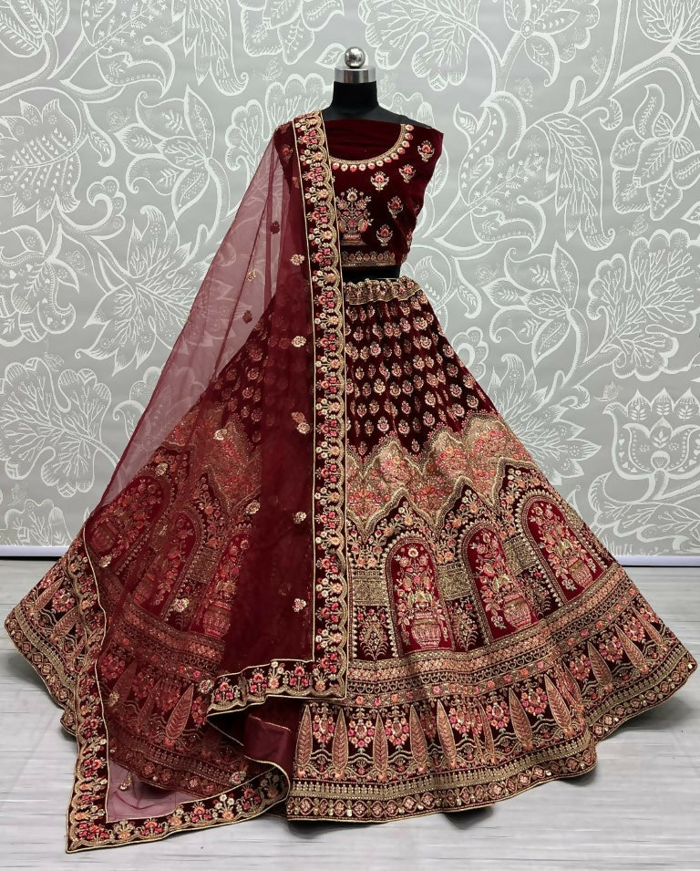 Jyoti Fashion Women's Maroon Velvet Multi Thread Embroidered with Zircon Diamond Wedding Lehenga Choli