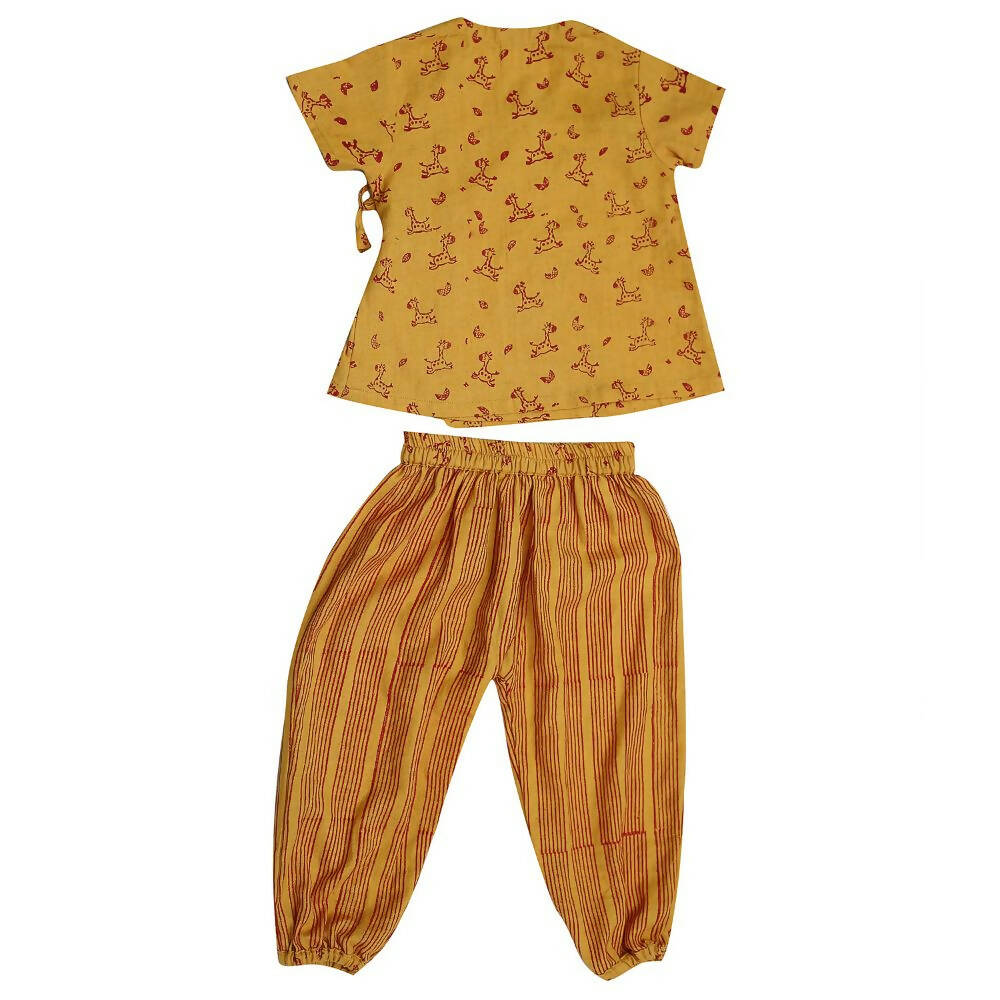 Mhyssa Zeke Half Sleeve Wrap Style Yellow and Red T-shirt With Long Pant Set For Kids
