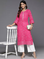 Ahalyaa Women Beige Floral Printed Regular Gotta Patti Kurta - Pink